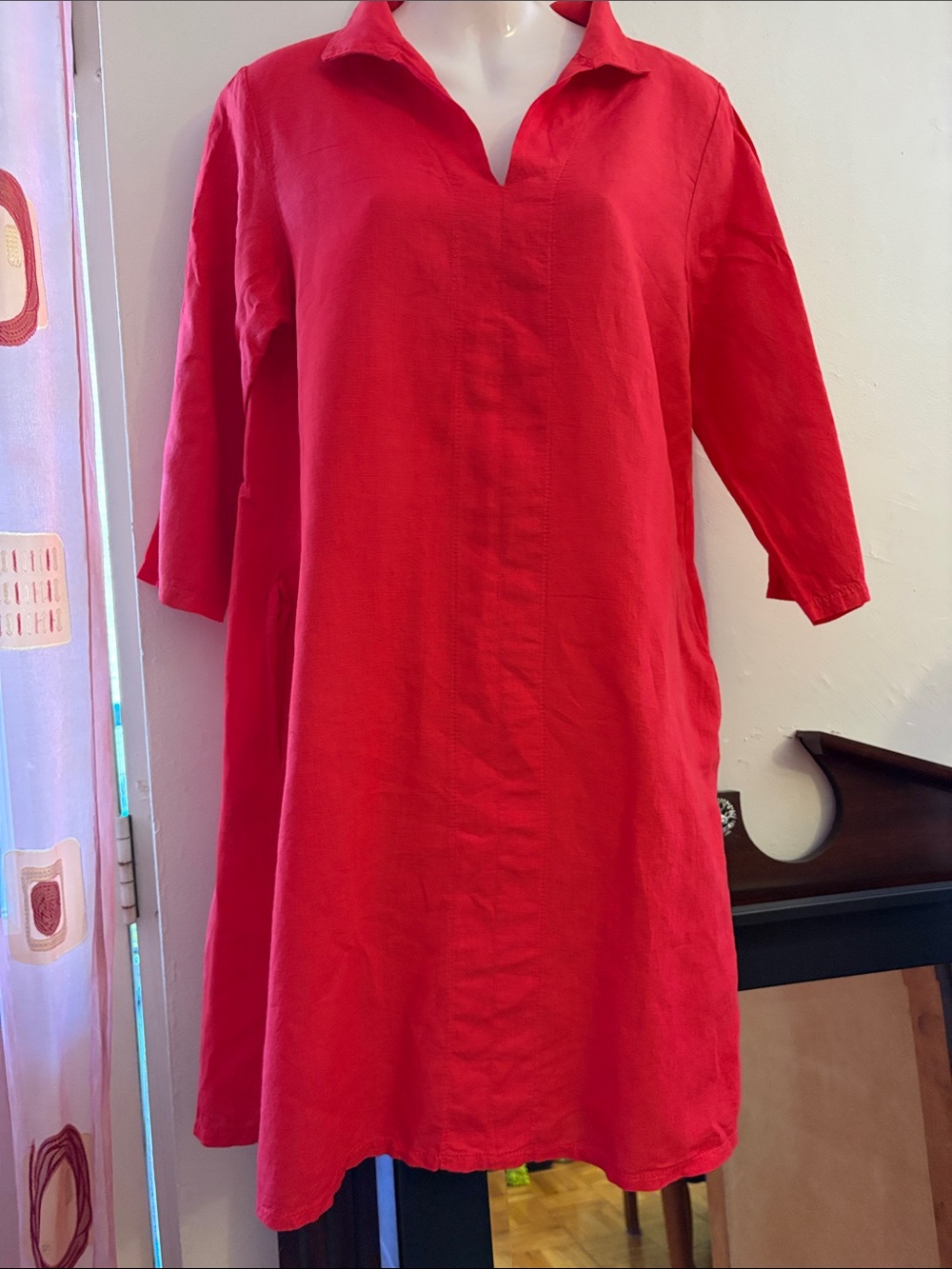 Casual Red V-Neck Midi Tunic Dress
